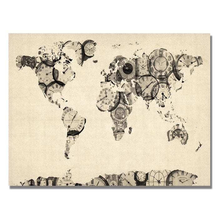 Michael Tompsett Old Clocks World Map 14 x 19 Canvas Art Image 1