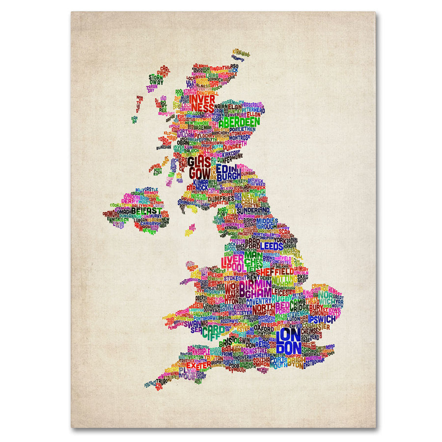 Michael Tompsett UK Cities Text Map 14 x 19 Canvas Art Image 1