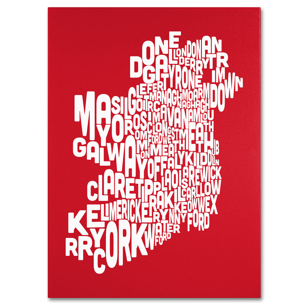 Michael Tompsett RED-Ireland Text Map 14 x 19 Canvas Art Image 1