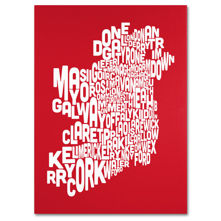 Michael Tompsett RED-Ireland Text Map 14 x 19 Canvas Art Image 1