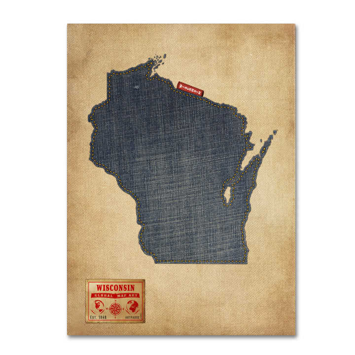 Michael Tompsett Wisconsin Map Denim Jeans Style 14 x 19 Canvas Art Image 2