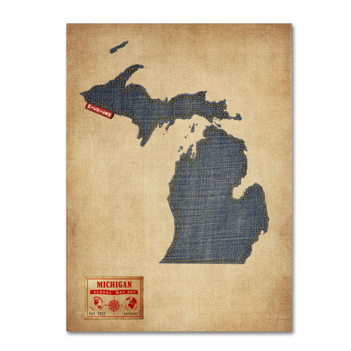 Michael Tompsett Michigan Map Denim Jeans Style 14 x 19 Canvas Art Image 1