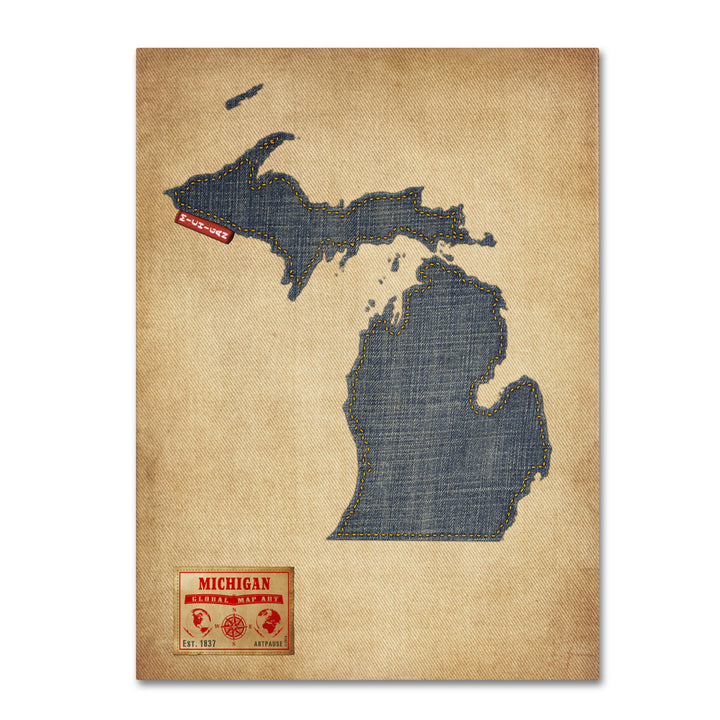 Michael Tompsett Michigan Map Denim Jeans Style 14 x 19 Canvas Art Image 2