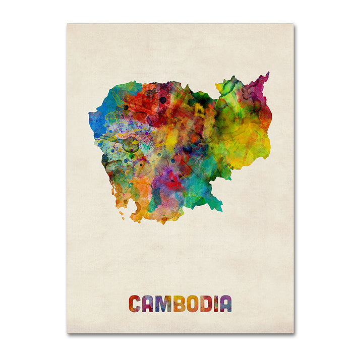 Michael Tompsett Cambodia Watercolor Map 14 x 19 Canvas Art Image 1