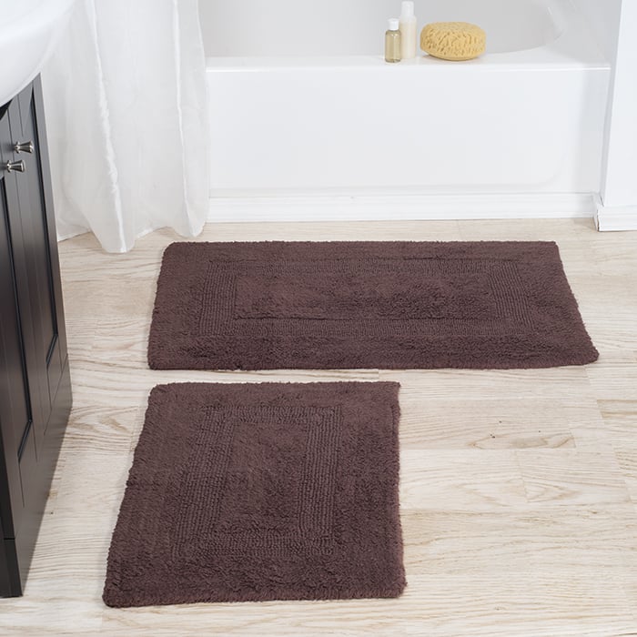 Lavish Home 2 Piece Reversible Rug Set 100% Cotton Chocolate Plush Bath Rugs Image 1