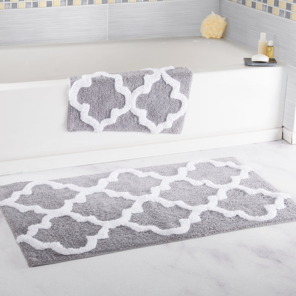 Lavish Home 100% Cotton 2 Piece Trellis Bathroom Mat Set - Silver Image 2