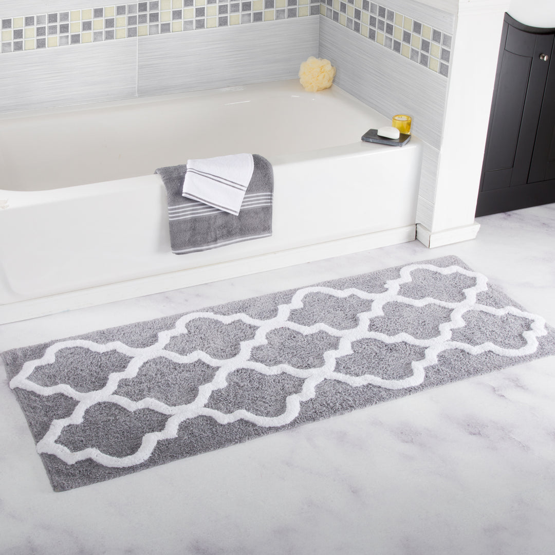 Lavish Home 100% Cotton Trellis Bathroom Mat - 24x60 inches - Silver Image 2