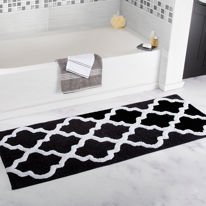 Lavish Home 100% Cotton Bathroom Mat Black 24x60 Inches Trellis Pattern Image 1