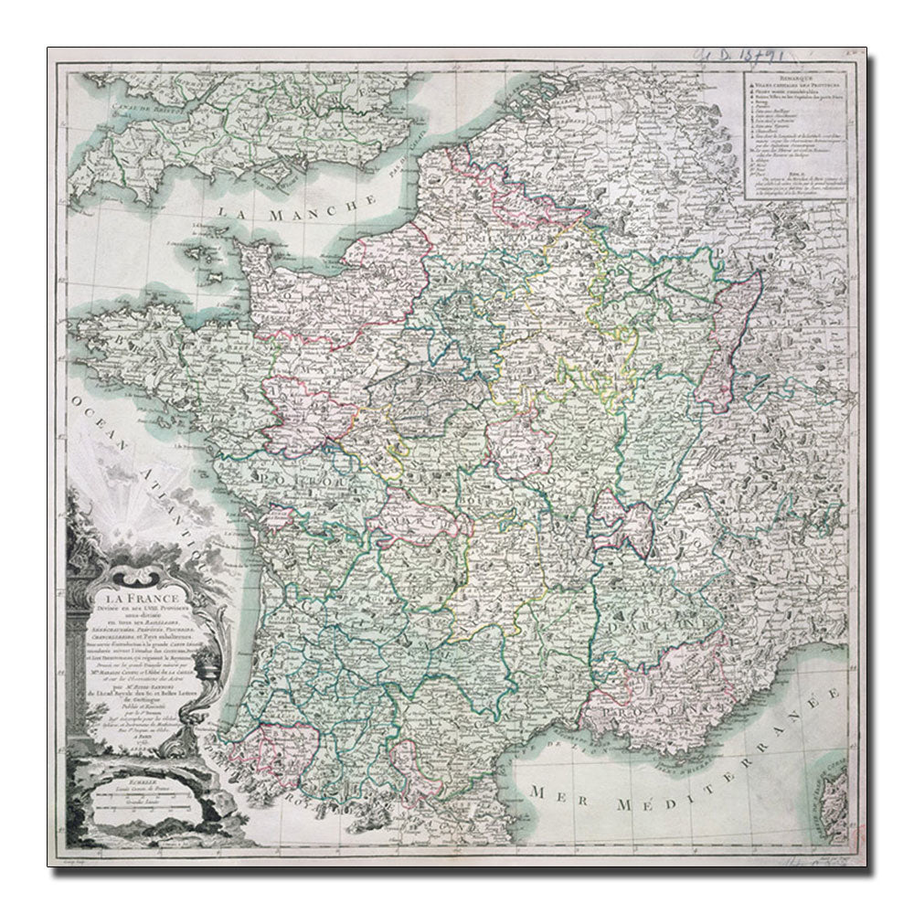 Louis Charles Desons Map of France 1765 Canvas Wall Art 14 x 14 Image 1