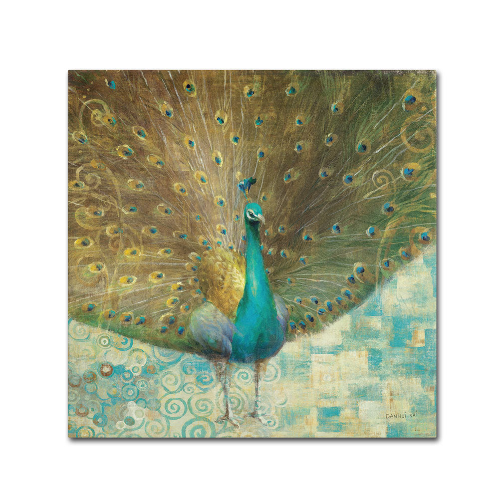 Danhui Nai Teal Peacock on Gold Canvas Wall Art 14 x 14 Image 1