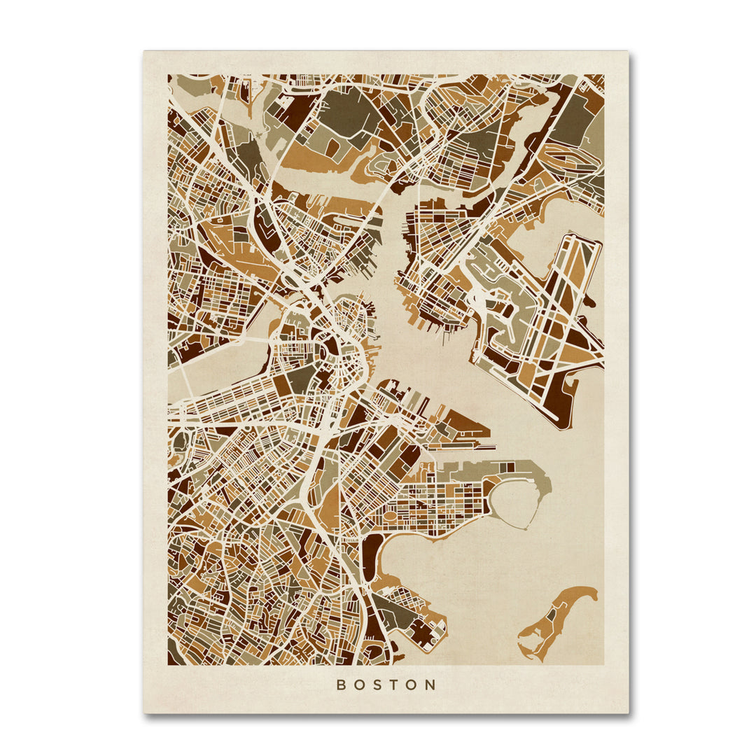 Michael Tompsett Boston MA Street Map Brown Canvas Wall Art 35 x 47 Inches Image 1