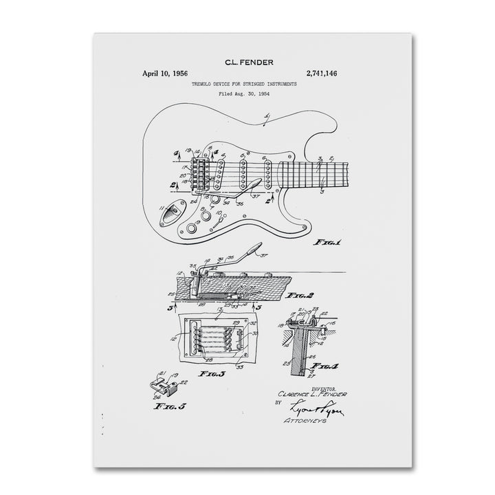 Claire Doherty Fender Guitar Tremolo Patent 1956 White Canvas Wall Art 35 x 47 Inches Image 1