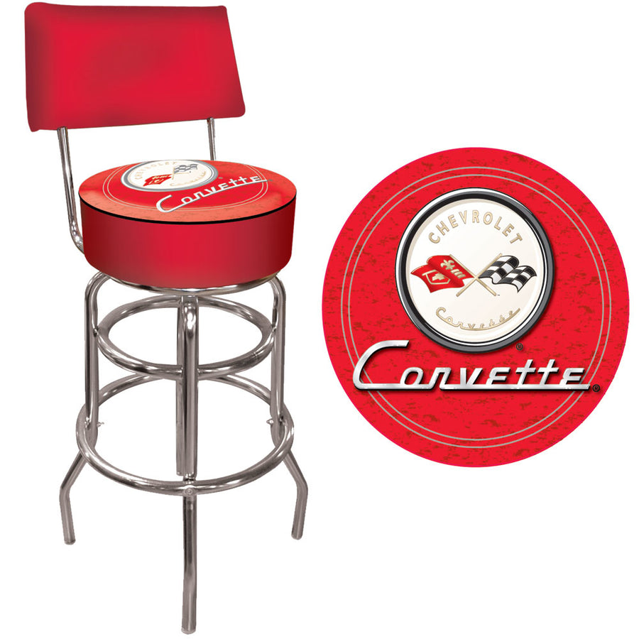 Corvette C1 Padded Swivel Bar Stool with Back - Red on Red Image 1