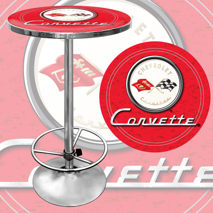 Corvette C1 Red Pub Table 42 Inch Chrome Base Adjustable Foot Rest Game Image 1