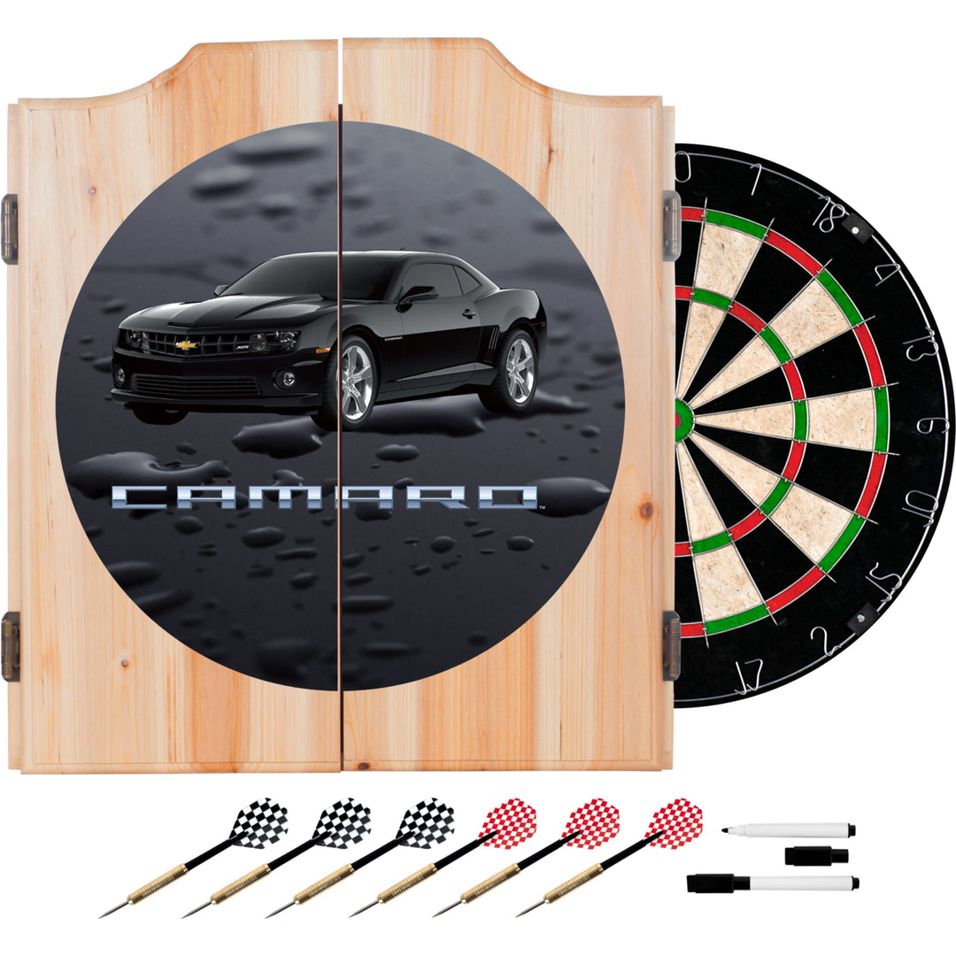 Black Camaro Dart Cabinet 18 Inch Dartboard 6 Steel Tip Darts Scoreboard Set Image 1