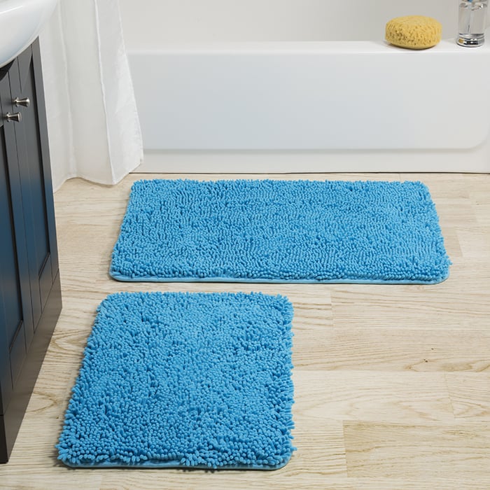 Lavish Home Memory Foam Shag Bath Mat Set 2 Piece Blue Non-Slip Standard Oversized Image 1