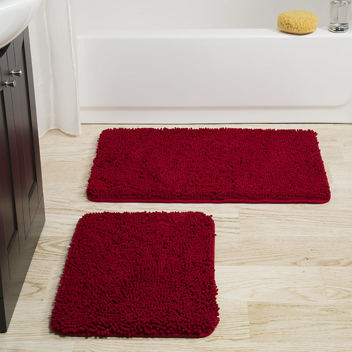 Lavish Home 2 Piece Memory Foam Shag Bath Mat Set - Burgundy Image 1