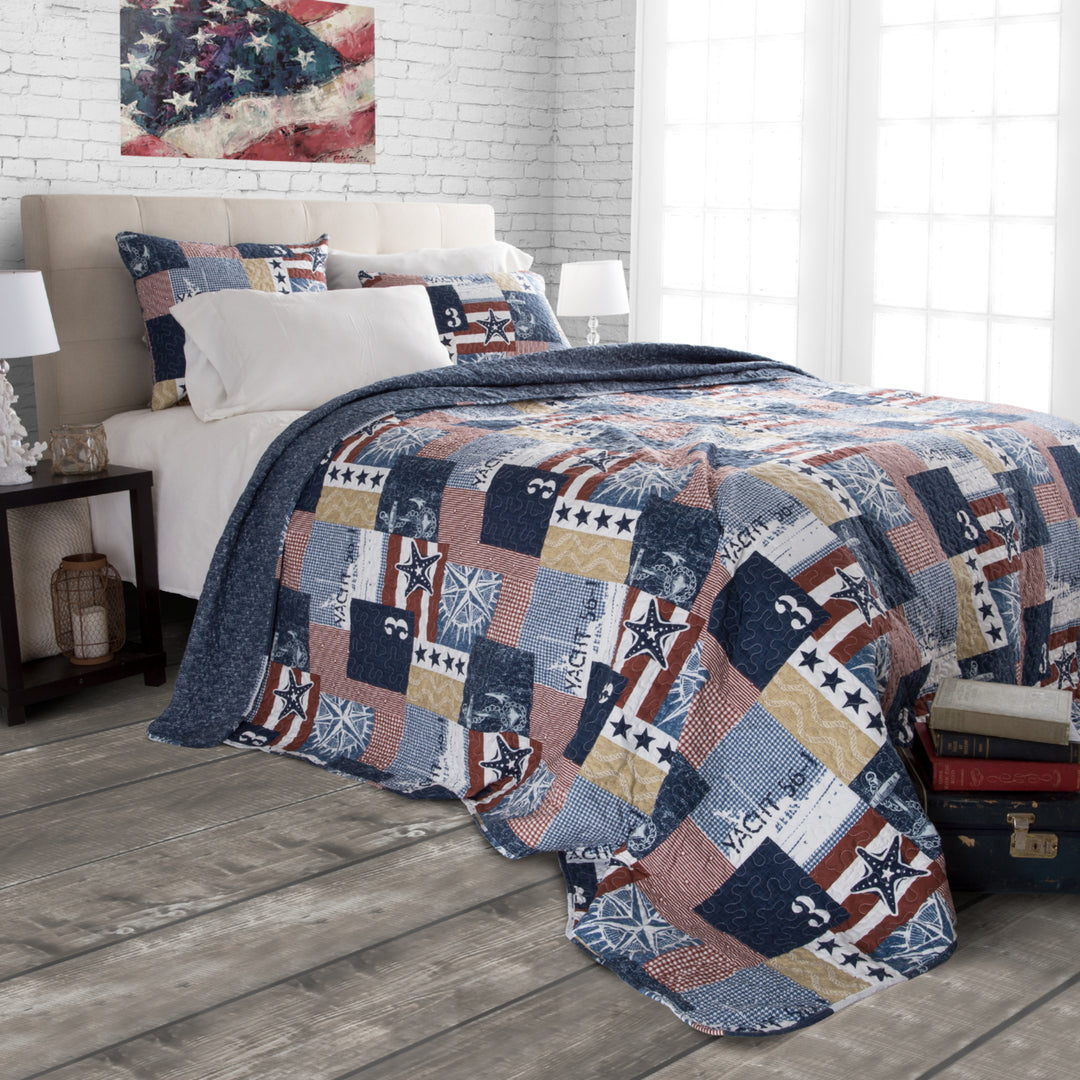 Lavish Home Americana Quilt Set 3 Piece Full Queen Red White Blue Patchwork Image 2