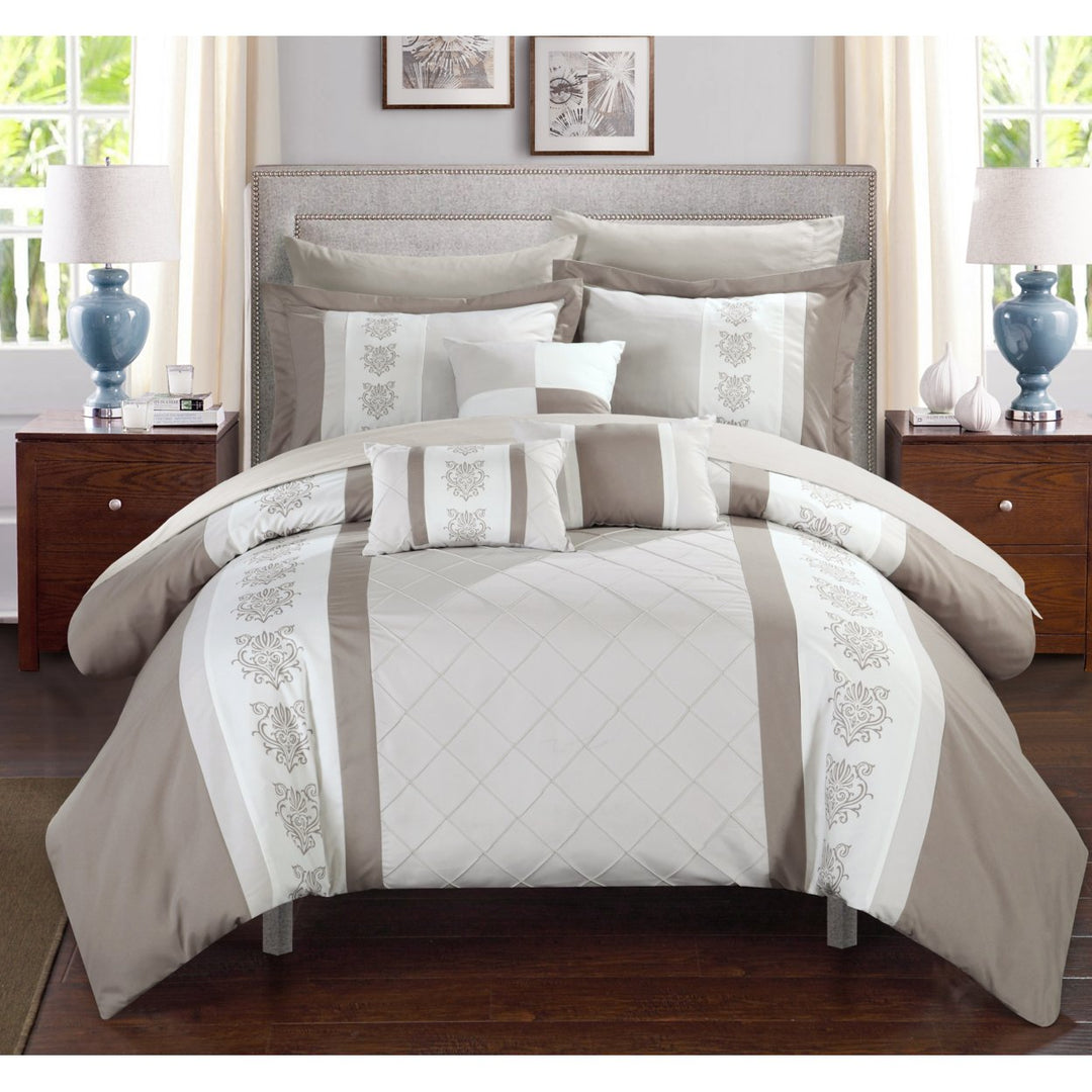 Chic Home 8/10 Piece Adam Pintuck Pieced Color Block Embroidery Bed In a Bag Comforter Set With sheet set Image 2