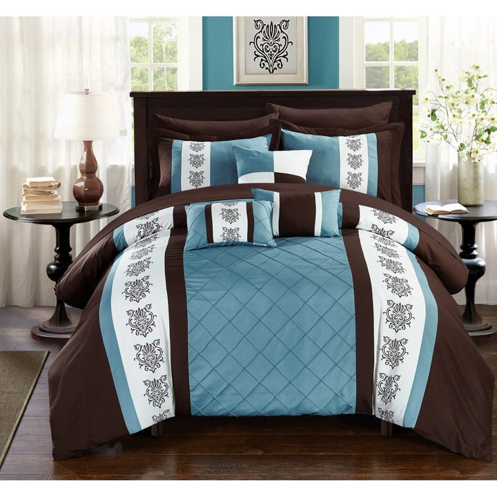 Chic Home 8/10 Piece Adam Pintuck Pieced Color Block Embroidery Bed In a Bag Comforter Set With sheet set Image 3