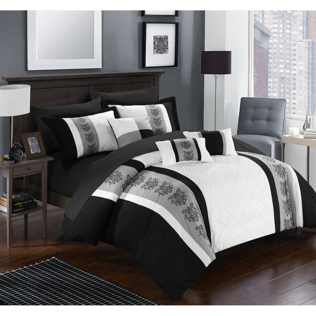 Chic Home 8/10 Piece Adam Pintuck Pieced Color Block Embroidery Bed In a Bag Comforter Set With sheet set Image 4