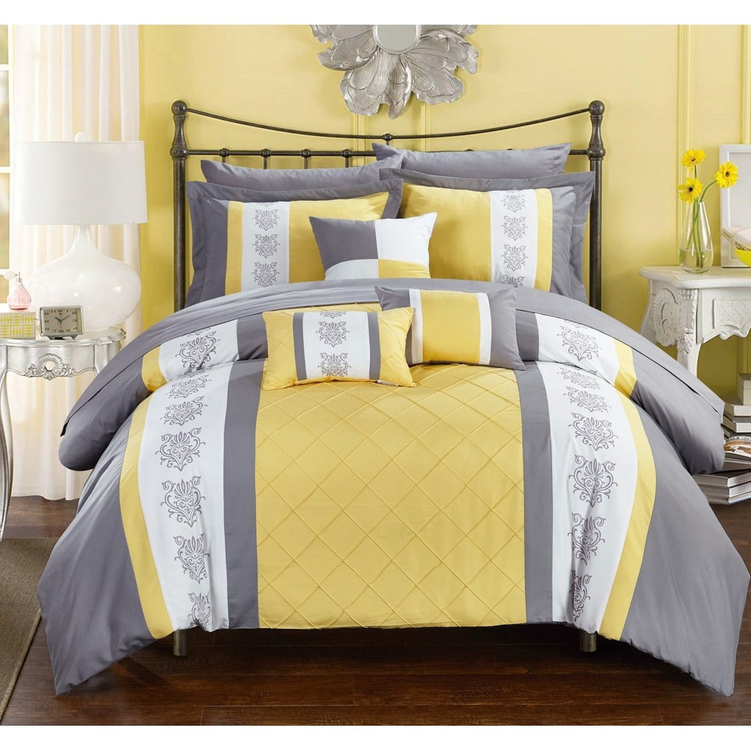 Chic Home 8/10 Piece Adam Pintuck Pieced Color Block Embroidery Bed In a Bag Comforter Set With sheet set Image 5