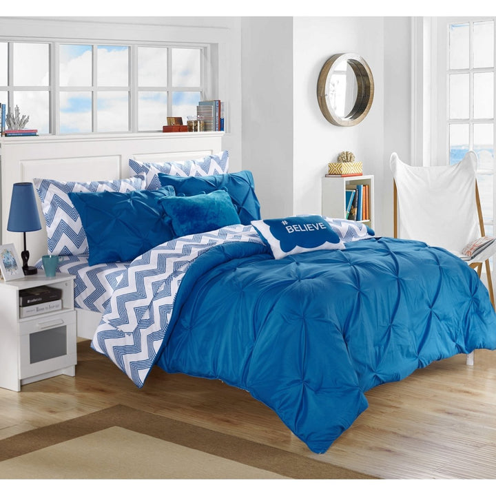 9 or 7 Piece Parkerville Pinch Pleated and Ruffled Chevron Print REVERSIBLE, Bed In a Bag Comforter Set Sheets Included Image 1