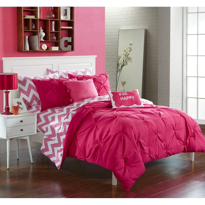 9 or 7 Piece Parkerville Pinch Pleated and Ruffled Chevron Print REVERSIBLE, Bed In a Bag Comforter Set Sheets Included Image 1