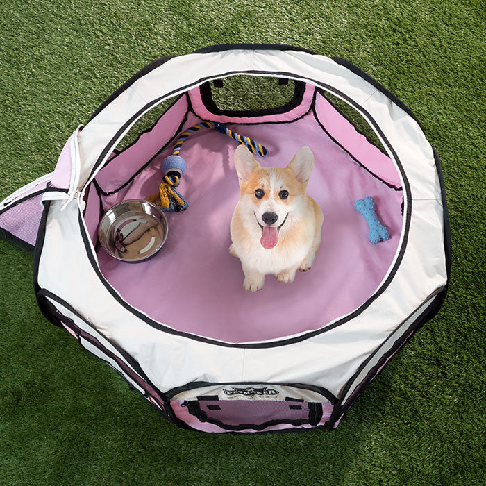 Portable Pop Up Pet Play Pen with carrying bag 33in diameter x 15.5in Pink by PETMAKER Image 1