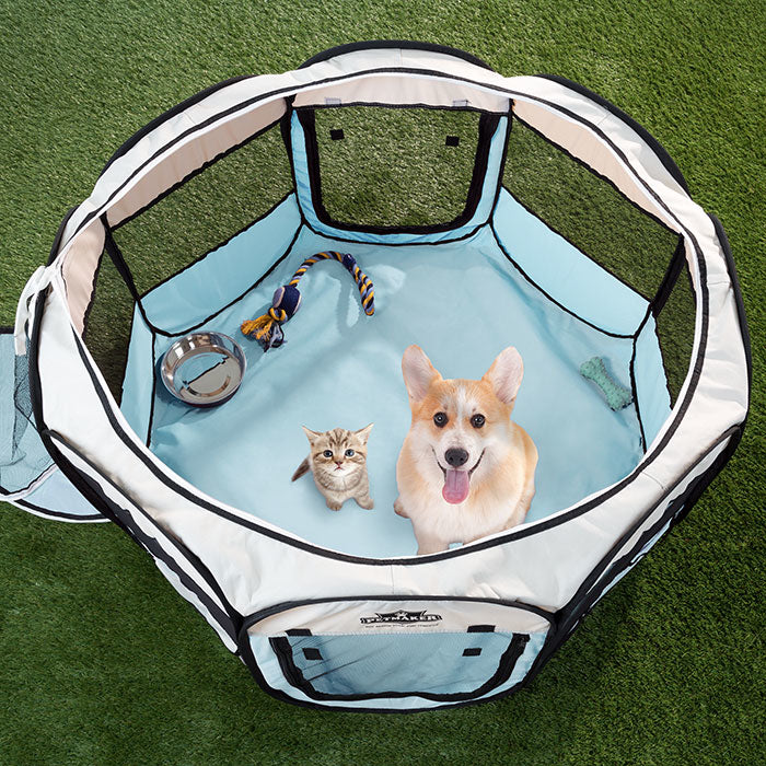 Portable Pop Up Pet Play Pen with carrying bag 38in diameter 24in Blue by PETMAKER Image 1