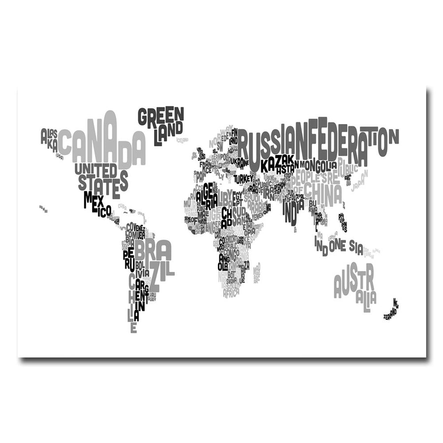 Michael Tompsett World Text Map BandW Canvas Art 16 x 24 Image 1