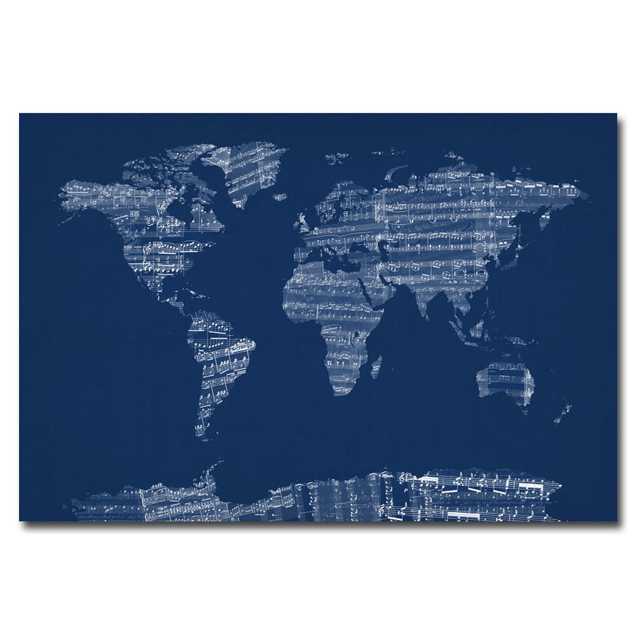 Michael Tompsett Sheet Music World Map in Blue Canvas Art 16 x 24 Image 1