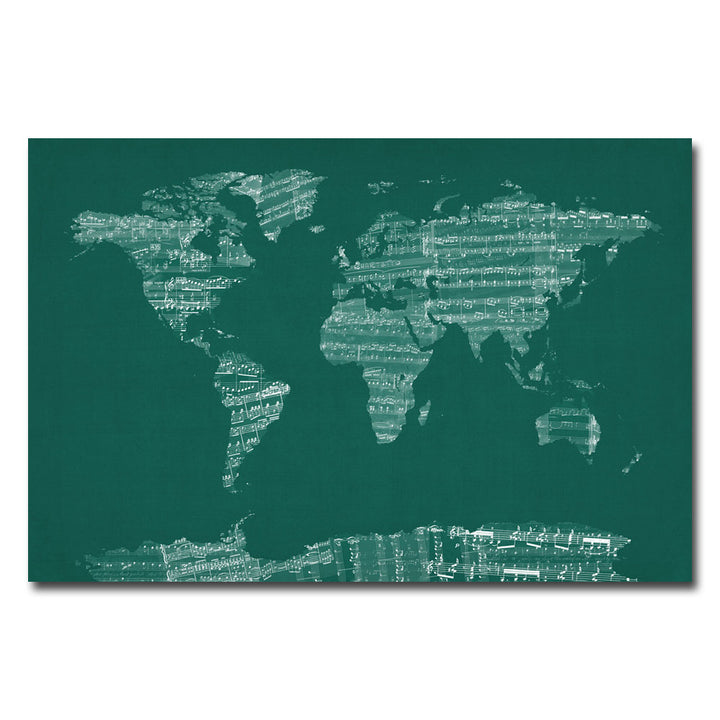 Michael Tompsett World Sheet Music Map in Green Canvas Art 16 x 24 Image 1