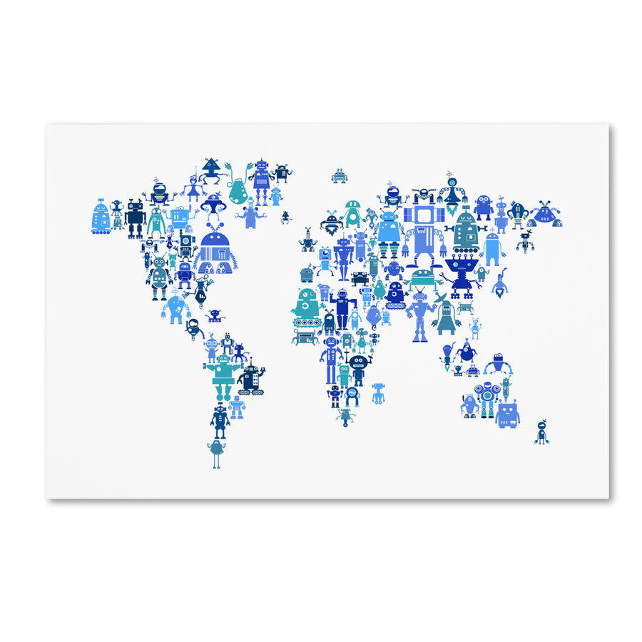 Michael Tompsett Robot Map of the World Blue Canvas Art 16 x 24 Image 1