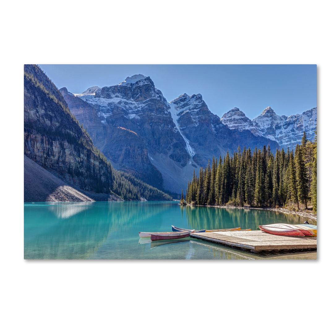 Pierre Leclerc Moraine Lake Canoes Canvas Art 16 x 24 Image 1