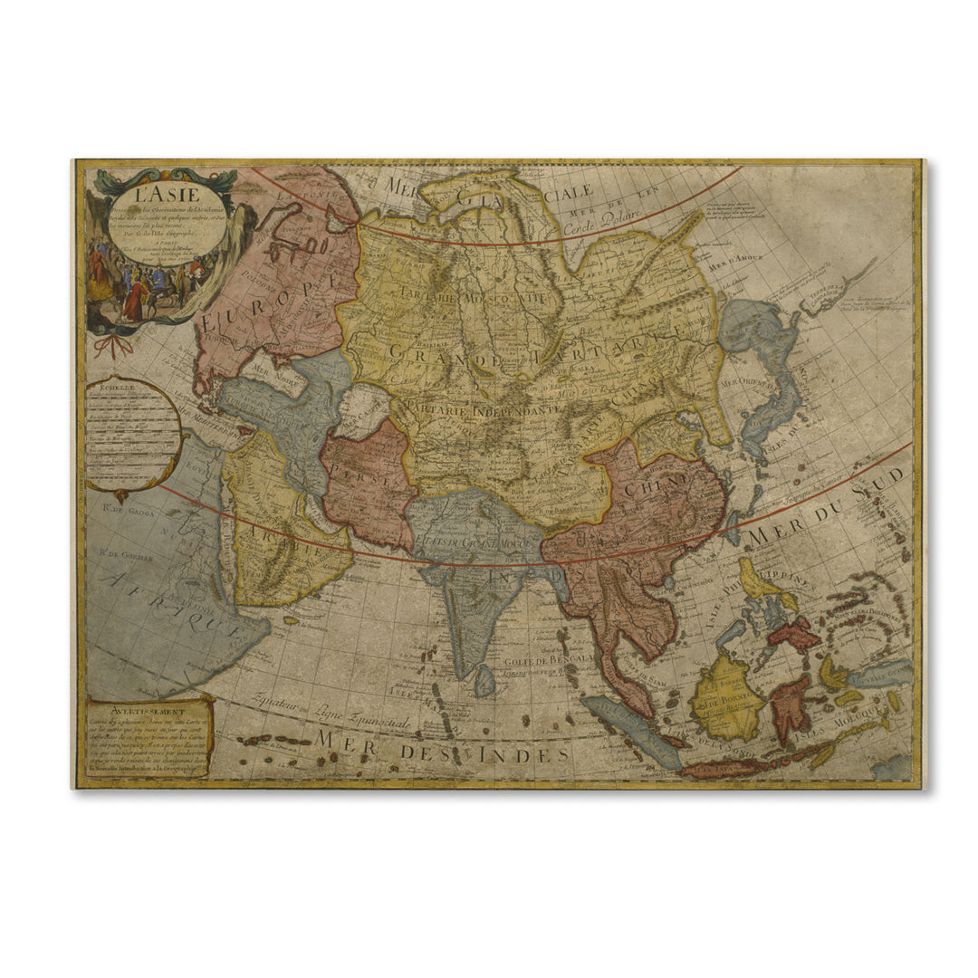Paris Guillaume Delilse Map of Asia, 1700 Canvas Art 18 x 24 Image 1