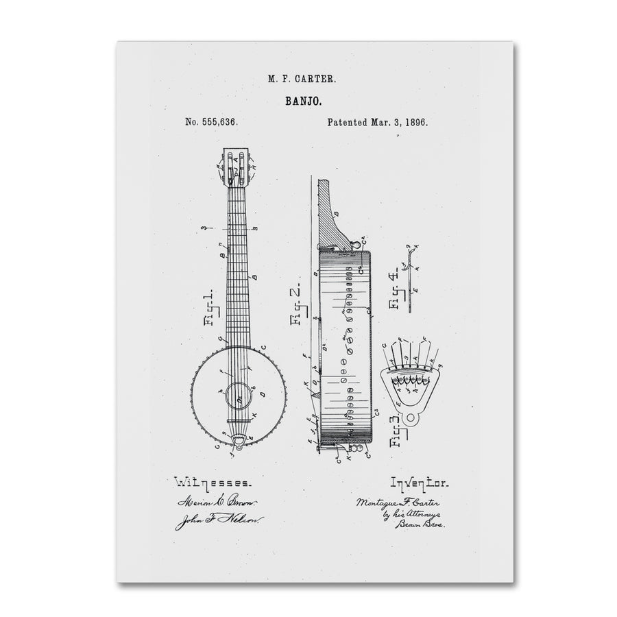 Claire Doherty Vintage Banjo Patent 1896 White Canvas Art 18 x 24 Image 1