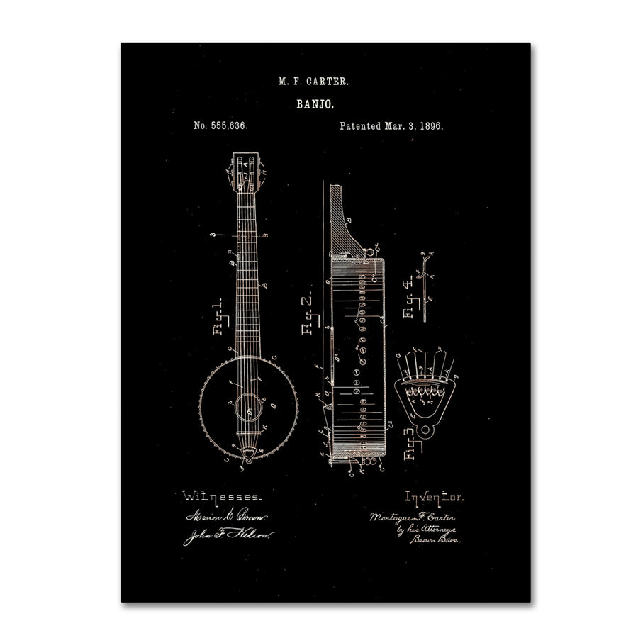 Claire Doherty Vintage Banjo Patent 1896 Black Canvas Art 18 x 24 Image 1