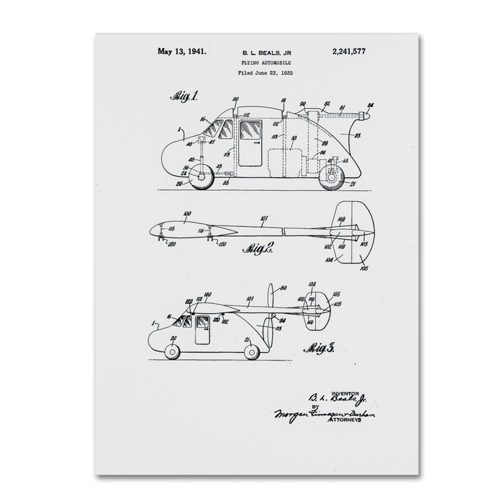 Claire Doherty Flying Car Patent 1941 White Canvas Art 18 x 24 Image 1