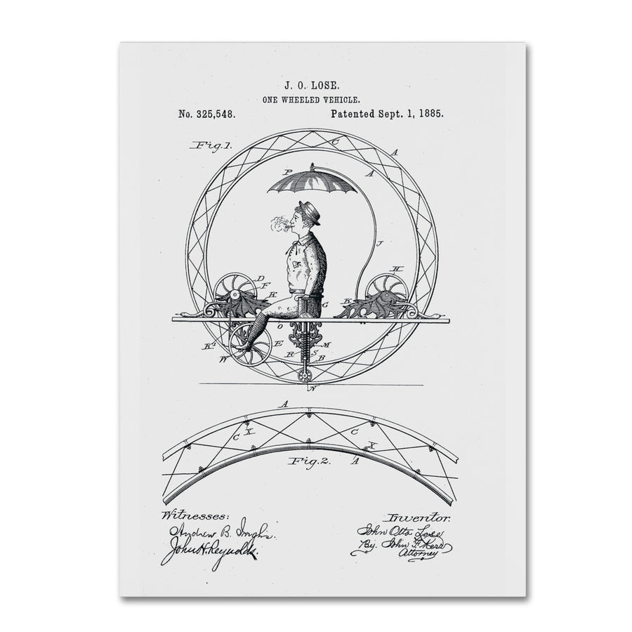 Claire Doherty One Wheeled Vehicle Patent 1885 White Canvas Art 18 x 24 Image 1