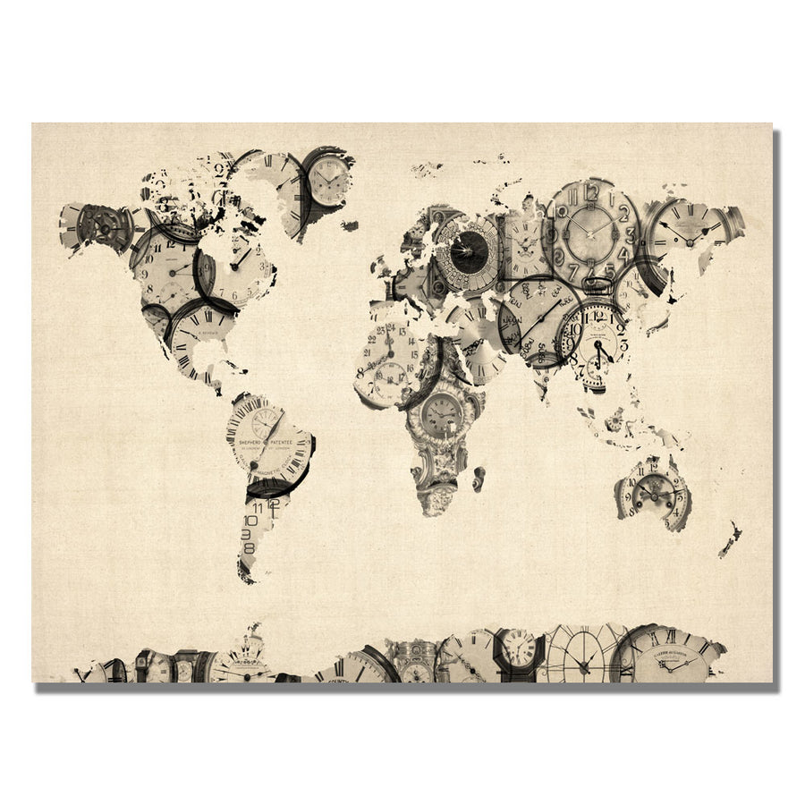 Michael Tompsett Old Clocks World Map Canvas Art 18 x 24 Image 1