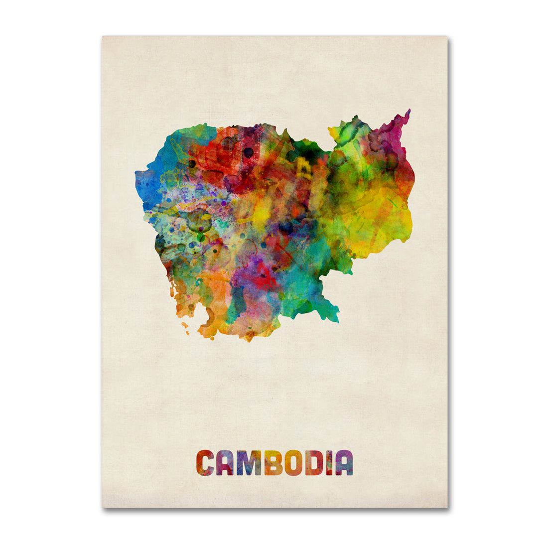 Michael Tompsett Cambodia Watercolor Map Canvas Art 18 x 24 Image 1