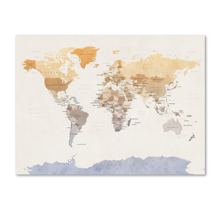 Michael Tompsett Watercolour Political Map of the World Canvas Art 18 x 24 Image 1