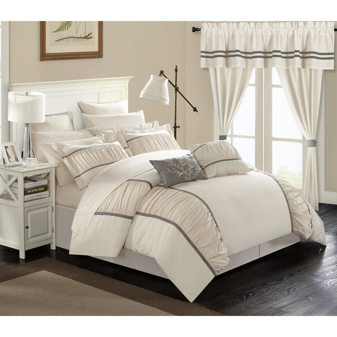 24 Piece Marian Complete bedroom in a bag Pinch Pleat Ruffled Designer Embellished Bed In a Bag Comforter Set Image 1