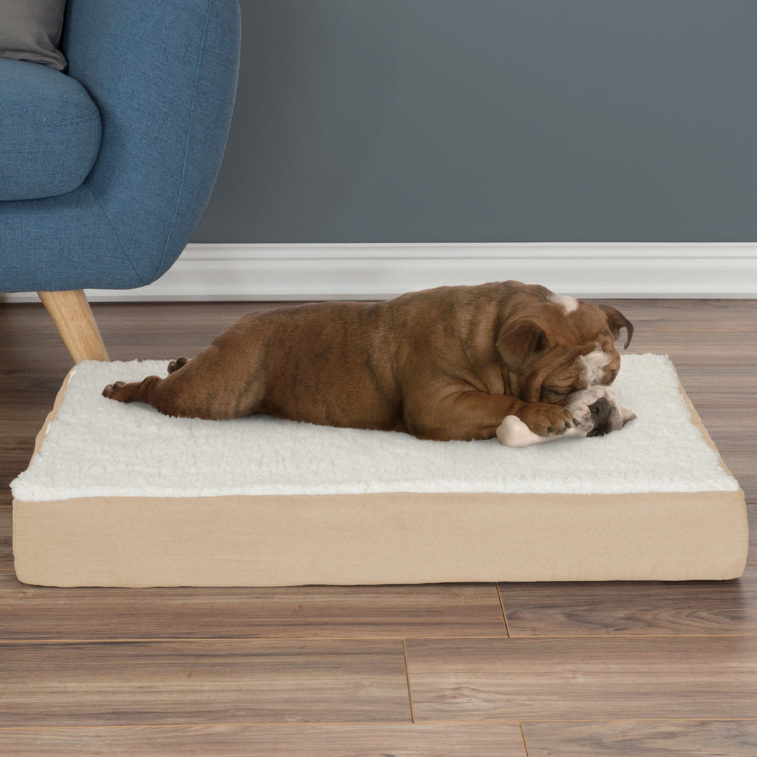 Orthopedic Sherpa Top Pet Bed with Memory Foam and Removable Cover 30 x 20 x 4 Tan Medium Image 1