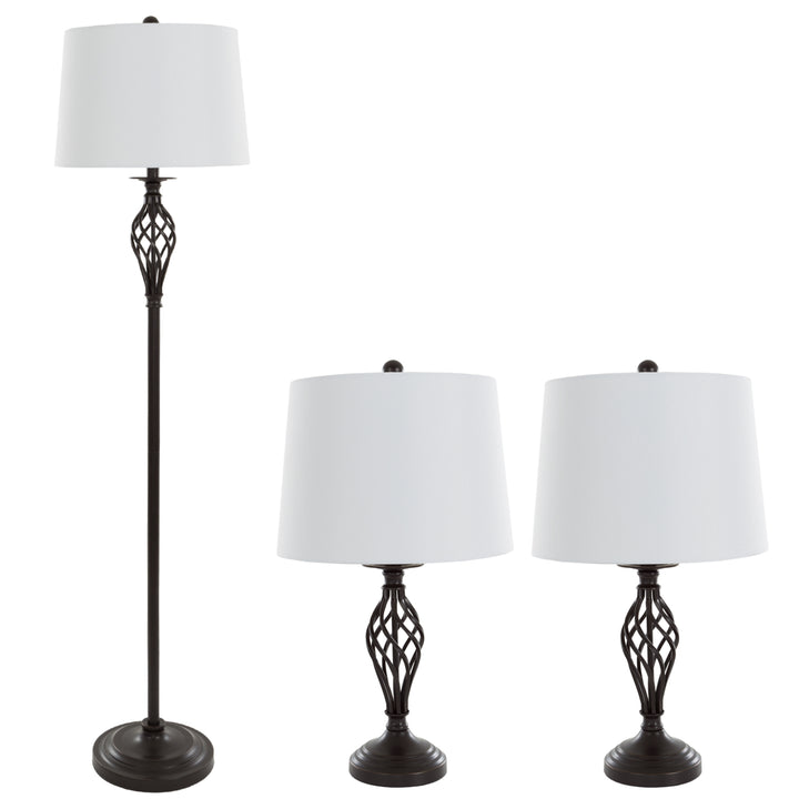 Set of 3 Metal Cage Matching Floor and Table Lamps with LED Bulbs Included Image 1