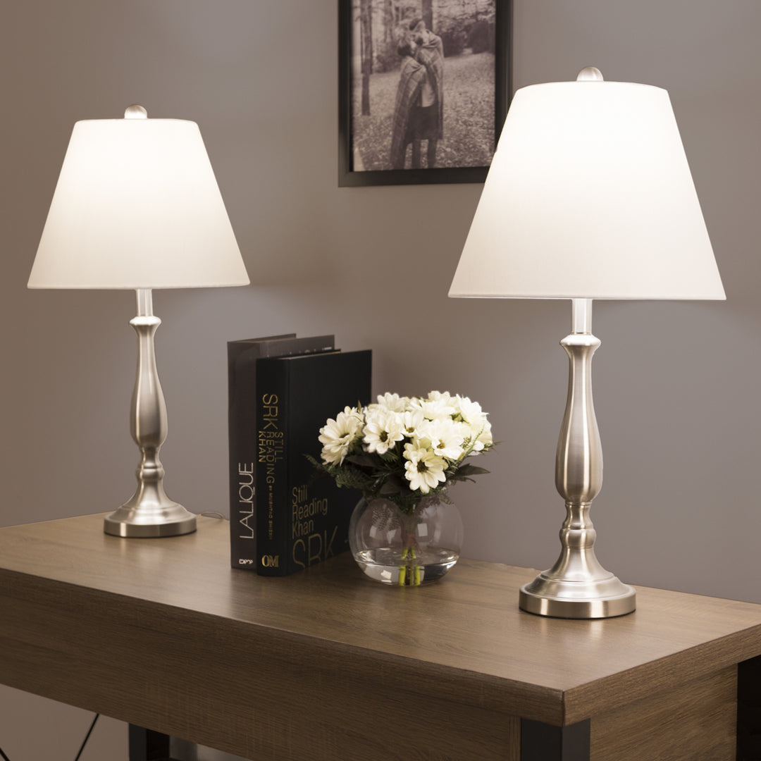 Set of 2 Brushed Steel Matching Table Lamps with LED Bulbs and Shades Included Image 3