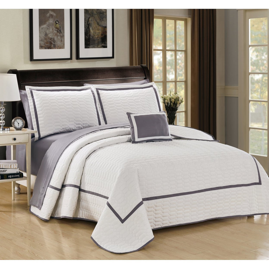 8 Pc. Neal Hotel Collection 2 Tone banded Geometrical Embroidered, Quilt in a bag, Includes sheets set, Shams and Image 2