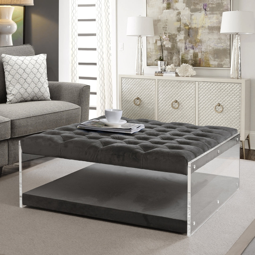 Inspired Home Morelli Velvet Modern Contemporary Oversized Button Tufted Clear Acrylic Sides Ottoman Image 1