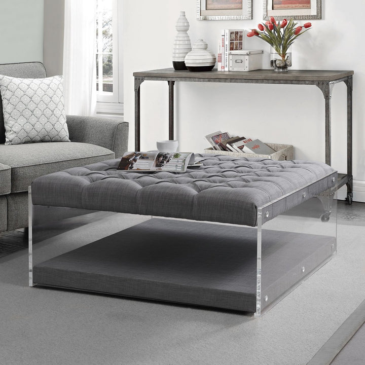 Inspired Home Morelli Linen Oversized Tufted Ottoman Clear Acrylic Feet Image 1